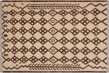 Flat Weave Kilim, Antique, Navaho, Vintage, Handmade, Modern Kilim Beige Brown Hand-Woven Rectangle 100% Wool Area Rug 6 x 8